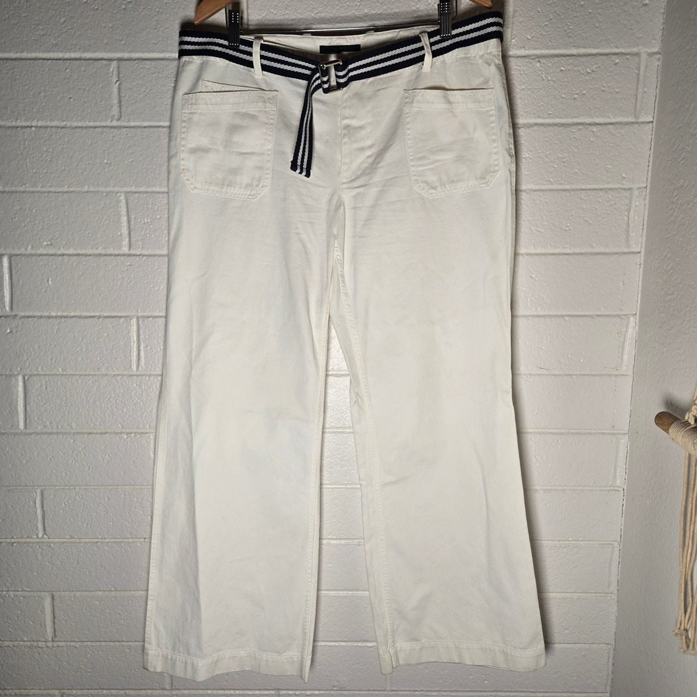 Lauren Ralph Lauren White Cotton Wide‎ Leg Pants 16 Nautical Striped Belt Beach